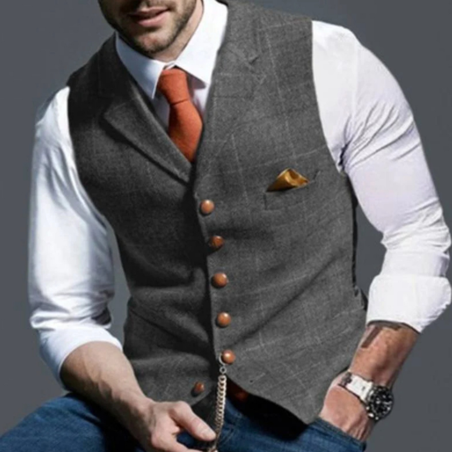 Alain | Gilet Homme en Tweed à Carreaux Coupe Slim à Revers