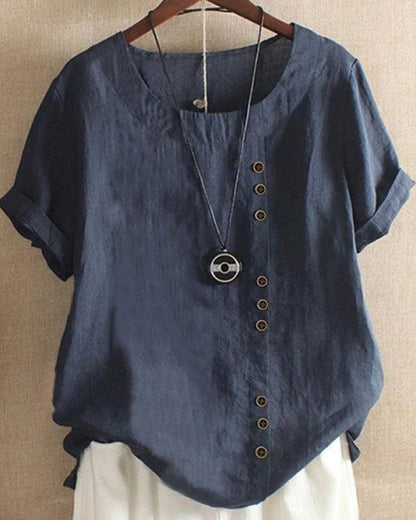 Béatrice | Blouse Lin Col Rond Boutons Manches Courtes Détendue