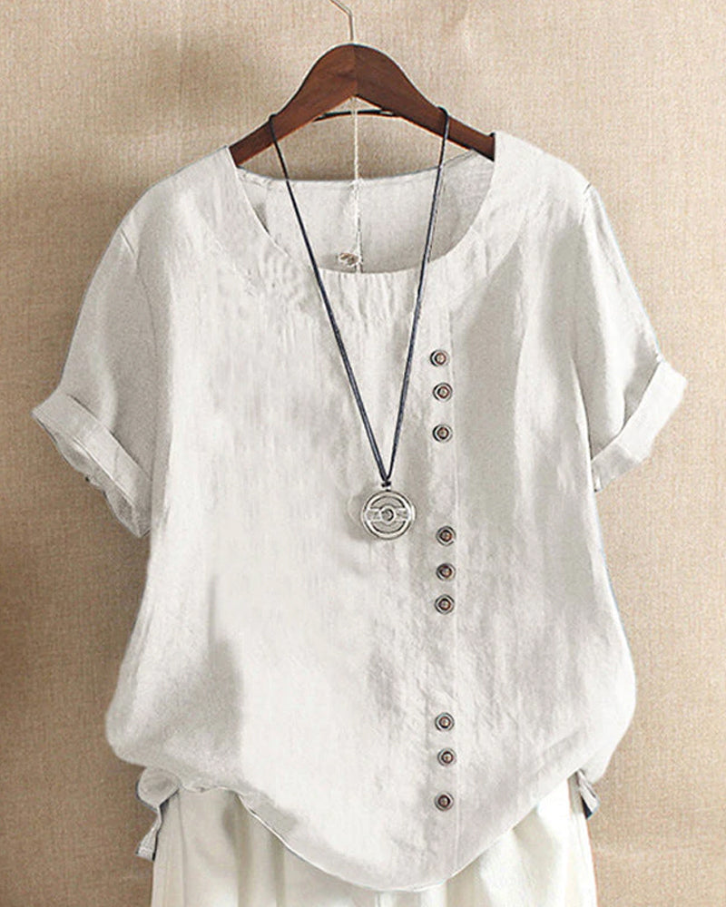 Béatrice | Blouse Lin Col Rond Boutons Manches Courtes Détendue