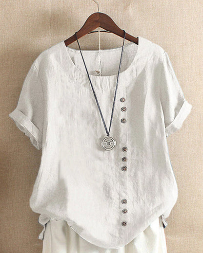 Béatrice | Blouse Lin Col Rond Boutons Manches Courtes Détendue