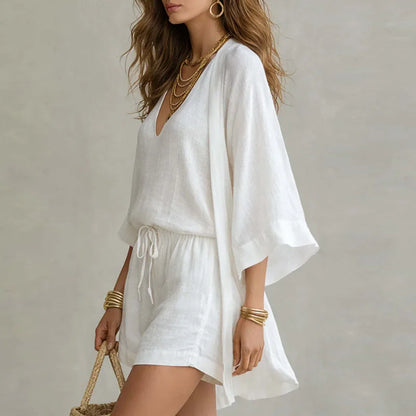 Séréna | Ensemble Trois Pièces Lin Col V Top Shorts & Kimono