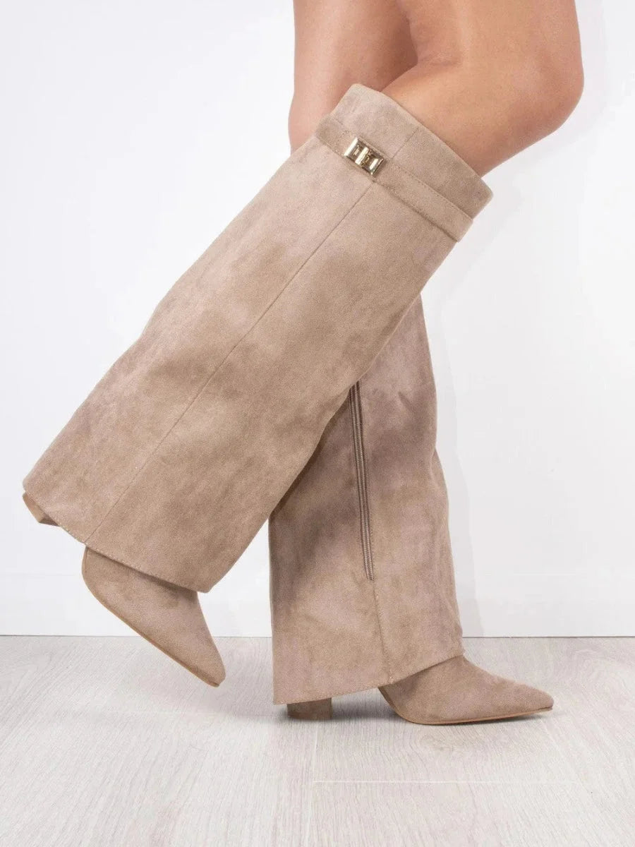 Bottes | Bottes Hautes en Daim Noir Détail Doré Talon Compensé