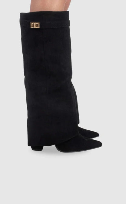Bottes | Bottes Hautes en Daim Noir Détail Doré Talon Compensé