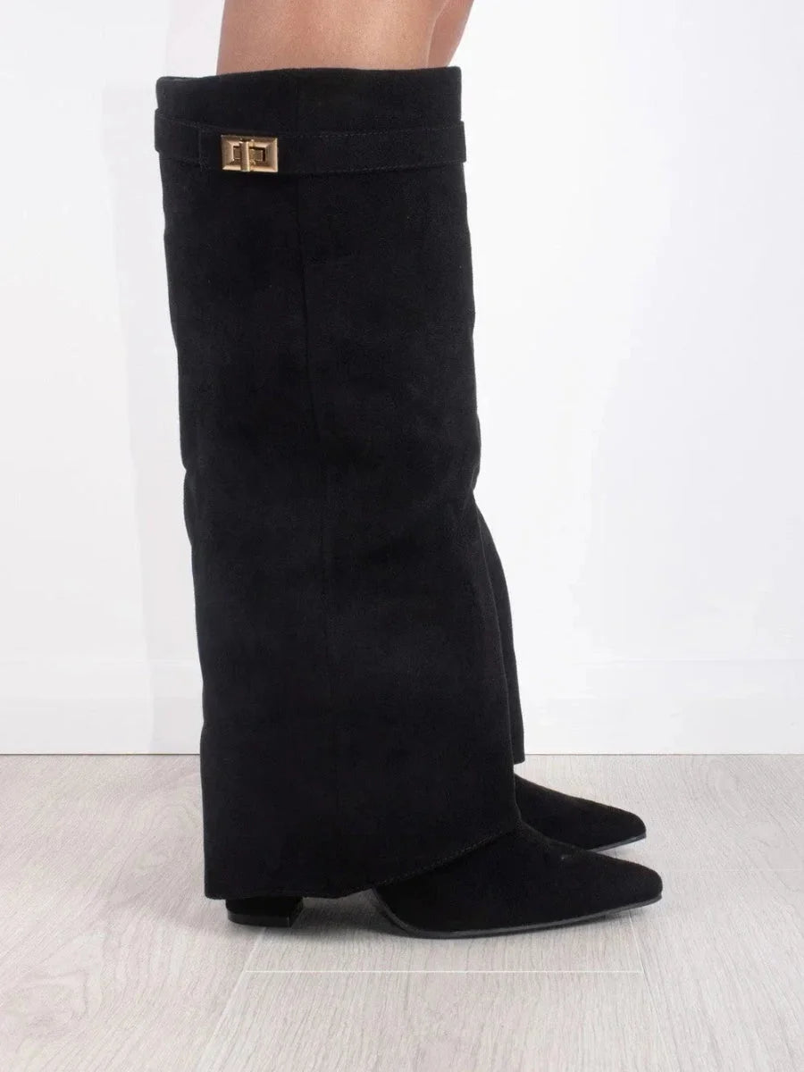 Bottes | Bottes Hautes en Daim Noir Détail Doré Talon Compensé