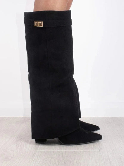 Bottes | Bottes Hautes en Daim Noir Détail Doré Talon Compensé