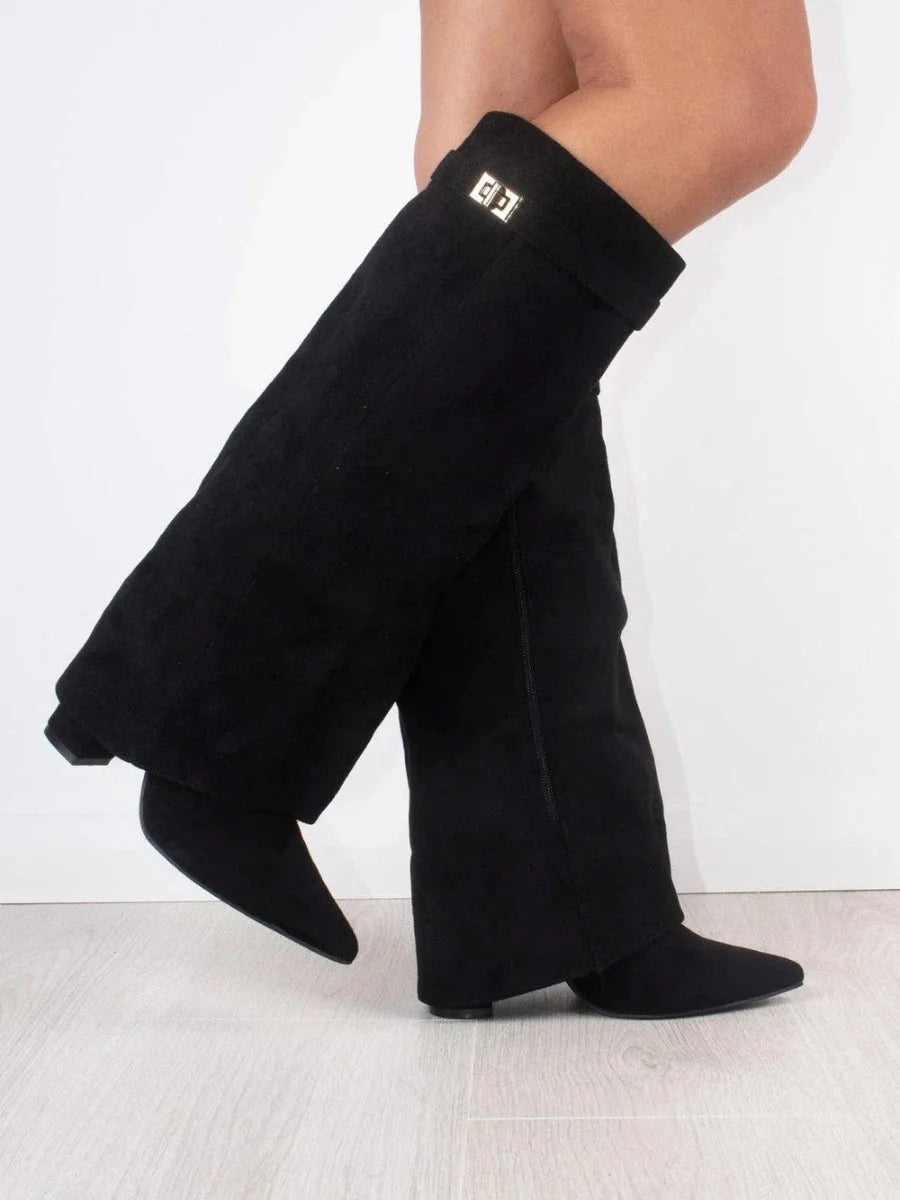 Bottes | Bottes Hautes en Daim Noir Détail Doré Talon Compensé