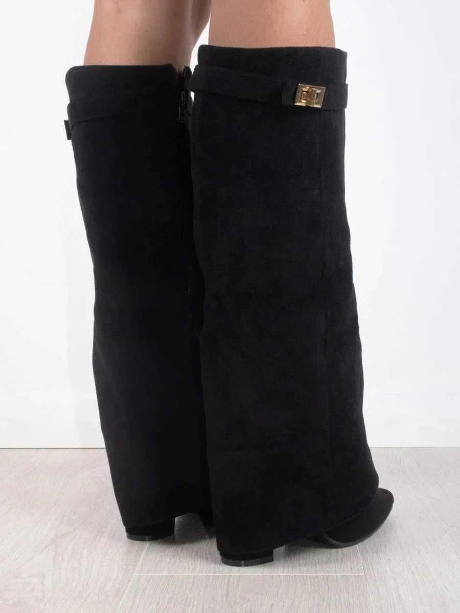 Bottes | Bottes Hautes en Daim Noir Détail Doré Talon Compensé