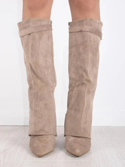 Bottes | Bottes Hautes en Daim Noir Détail Doré Talon Compensé