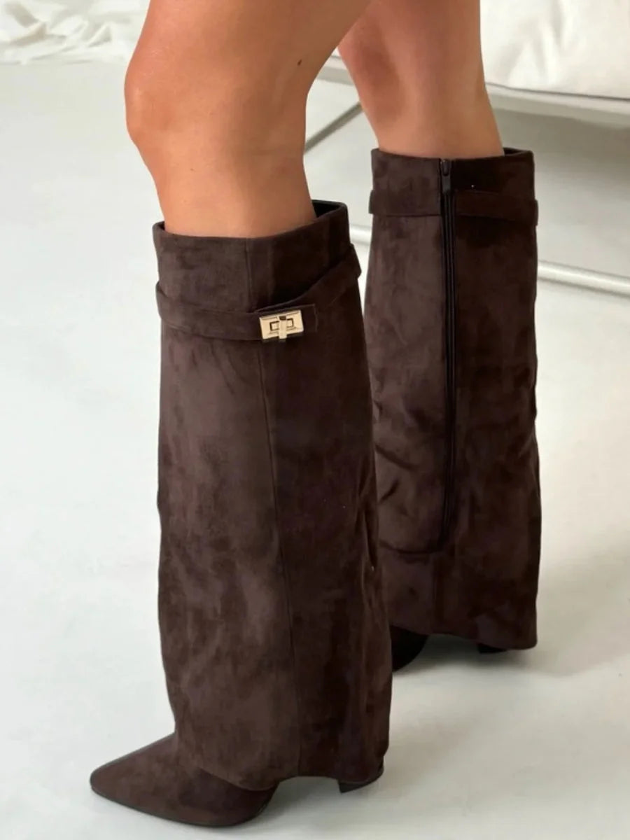 Bottes | Bottes Hautes en Daim Noir Détail Doré Talon Compensé
