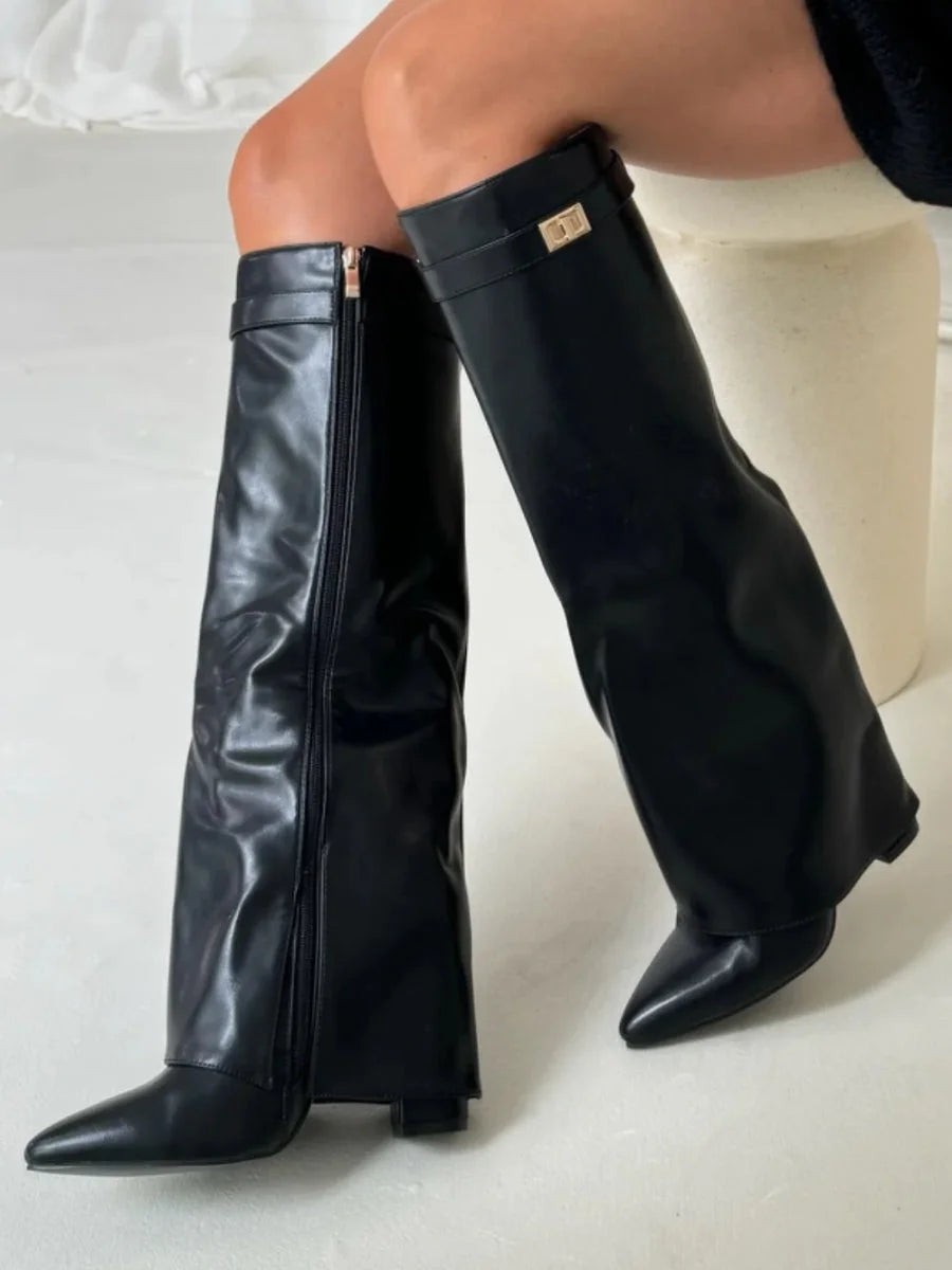 Bottes | Bottes Hautes en Daim Noir Détail Doré Talon Compensé