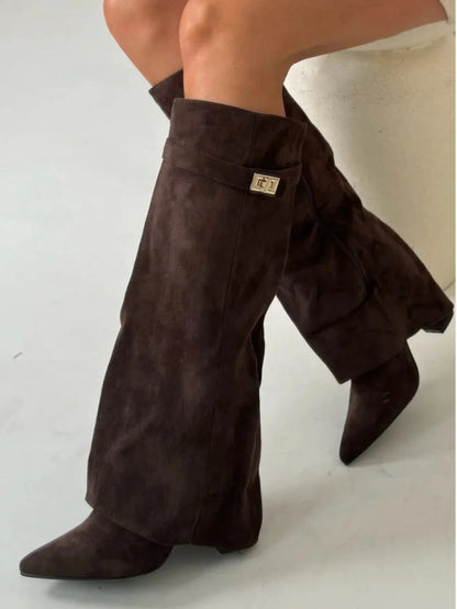 Bottes | Bottes Hautes en Daim Noir Détail Doré Talon Compensé