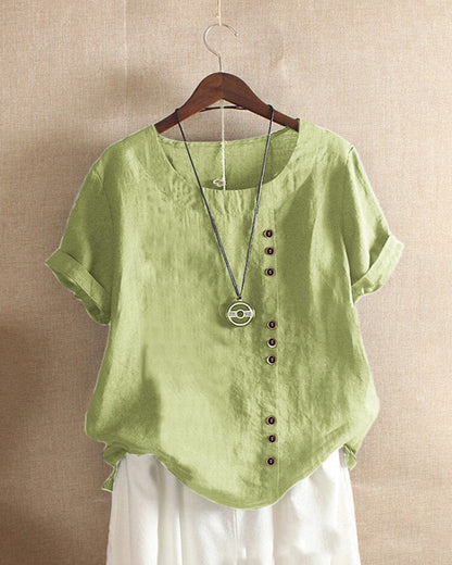 Béatrice | Blouse Lin Col Rond Boutons Manches Courtes Détendue